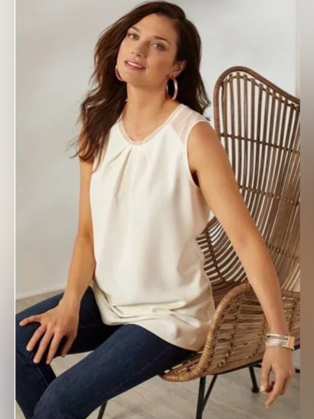 Soft Surroundings L Ivory Teagan Sleeveless Tunic Top Blouse
